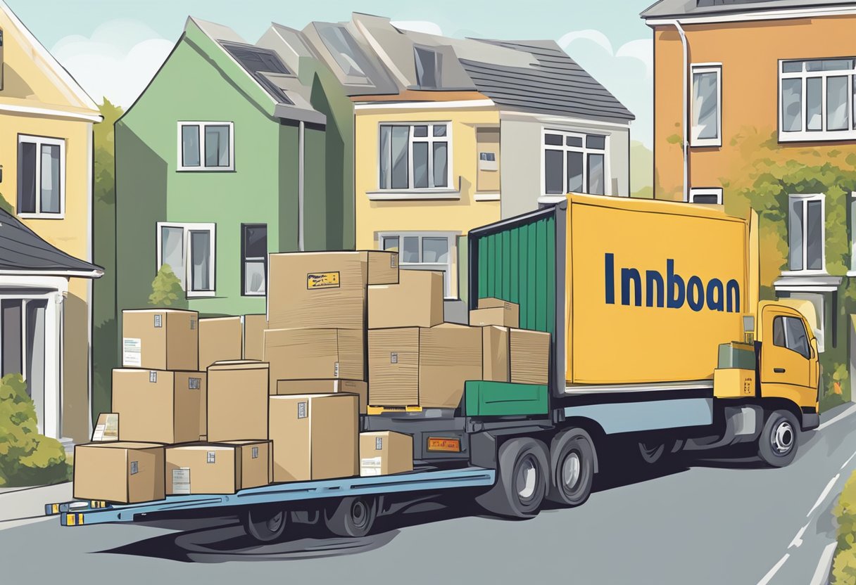 Moving household items to finance the relocation. A stack of boxes labeled "Innbo Smålån" being loaded onto a moving truck